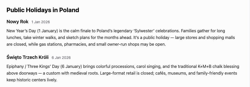 Clear holiday descriptions